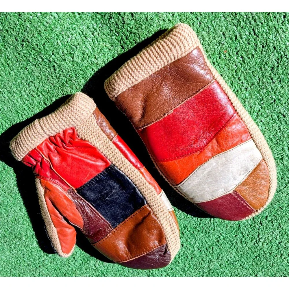 Leather Patchwork w/Knit Acrylic Vintage 1960's Petite Medium Mittens Set EUC